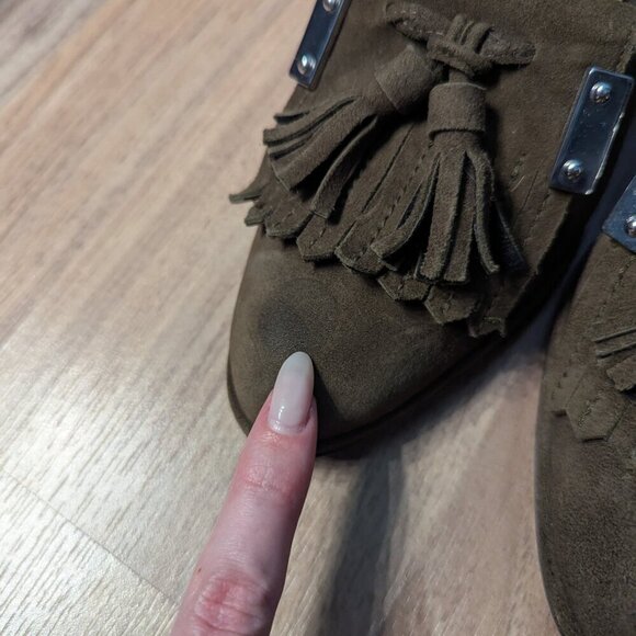 Stuart Weitzman Suede Tassel Heels | Olive Green | Loafer Style - Picture 5 of 11